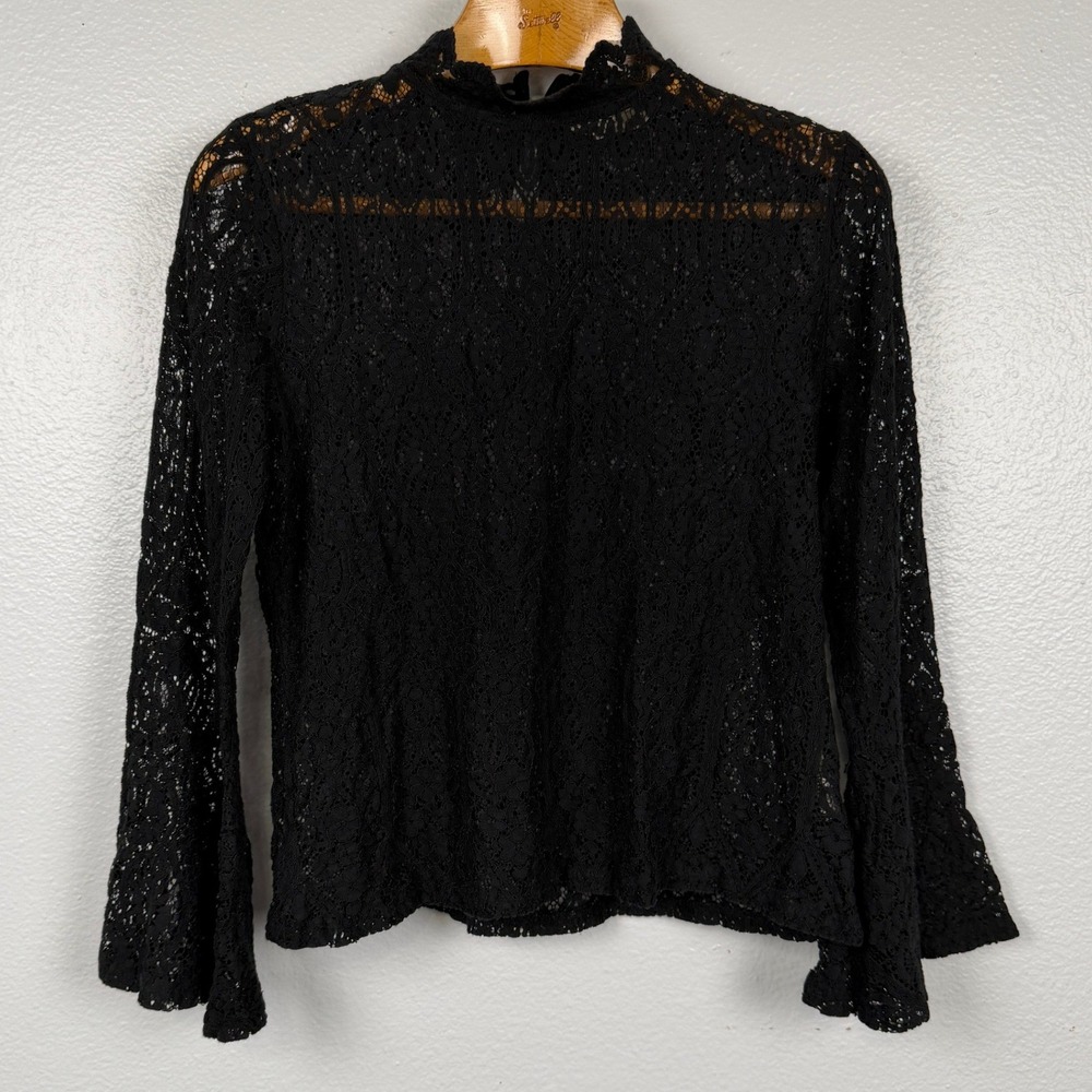 Adiva Womens L Black Lace Top Bell Sleeve High Neck Romantic Goth Blouse - Picture 13 of 14